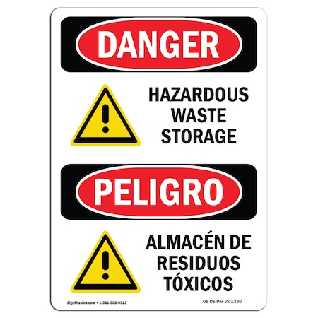 Signmission Safety Sign, OSHA Danger, 10" Height, Rigid Plastic, Hazardous Waste Storage Spanish OS-DS-P-710-VS-1320